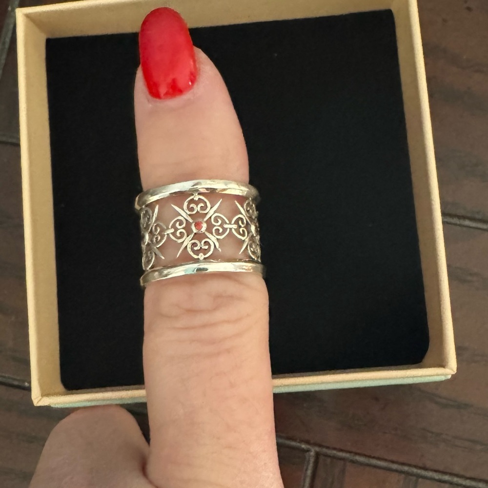 Silver filigree ring with ruby stone, size 8
